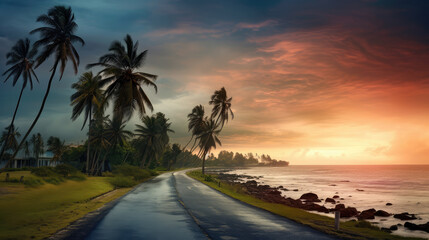 Coastal Road at Sunset with Palm Trees