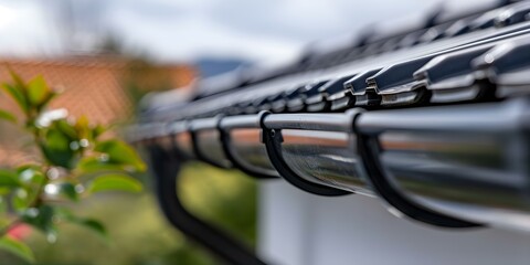 Installing a new black downpipe on a tiled roof to enhance the appearance of a clean home facade. Concept Home Exterior, Roof Installation, Downpipe Upgrade, Black Color, Clean Aesthetic