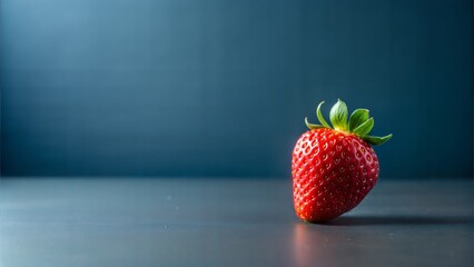A natural image with copy space, showing one red strawberry on a dark table. The emphasis is on fruit. It is ideal for decorating themes of freshness, natural products and simplicity