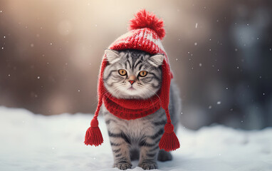 a cat wearing a red hat and scarf
