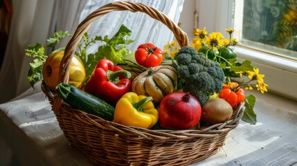 Bright photo of a variety of homemade organic vegetables and fruits in a wooden basket. Healthy food. Natural products