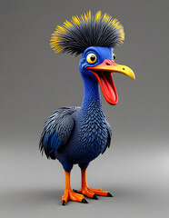 A 3D animated Cute Cartoon Southern Cassowary Character 3D Rendered on a white Background.
