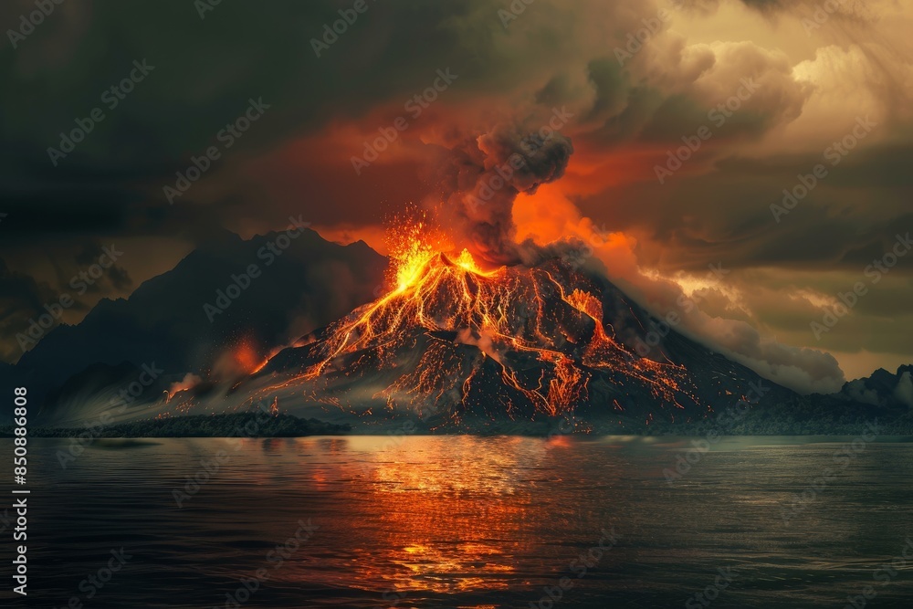 Poster stunning image of a fiery volcano erupting with lava flows and ash clouds at dusk