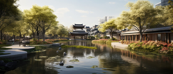 Obraz premium Serene Oriental Garden with Tranquil Pond