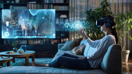 Woman in VR headset with graphical overlays