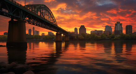 Naklejka premium Urban Bridge at Sunset Over Calm River