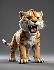 A 3D animated Cute Cartoon Sabertooth Character 3D Rendered on a white Background.