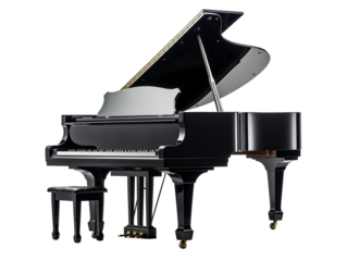 a black piano with a white background