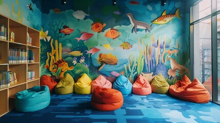 A children's library decorated with whimsical murals and colorful beanbag chairs.