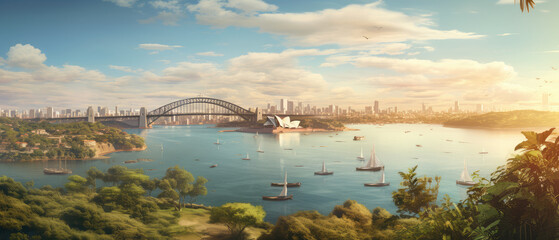 Stunning City Harbor with Iconic Bridge and Skyline