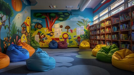 A children's library decorated with whimsical murals and colorful beanbag chairs.