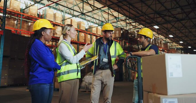 People, discussion and logistics factory with tablet for orders, task responsibilities and workflow instruction for distribution. Manager, clipboard and conversation for productivity and coordination