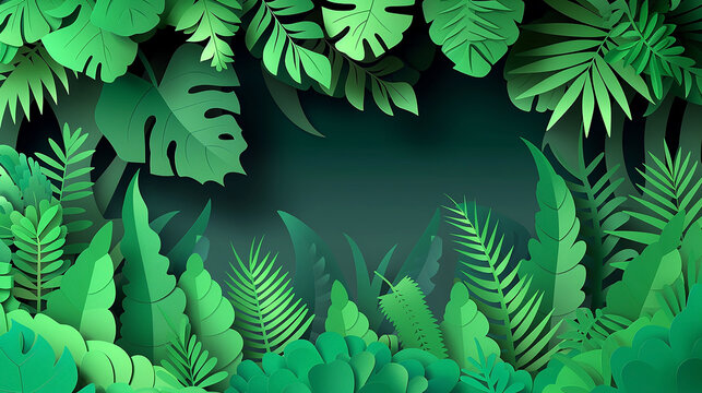 Wide horizontal panoramic background, Abstract illustration with green forest and mountain landscape with sunset, paper cut effect and 3D depth  