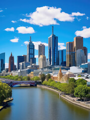 Fototapeta premium Scenic View of River with Urban Skyline and Blue Sky