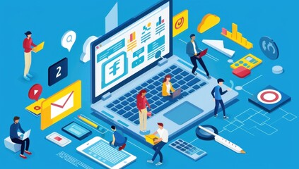 Fototapeta premium people working on laptop with website and marketing icons around it, blue background color Generative AI