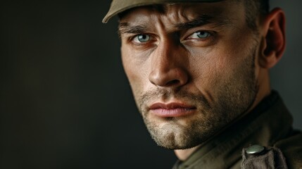 Obraz premium Close-up portrait of a man in military uniform, his piercing blue eyes gazing intensely