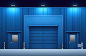 Modern Blue Warehouse Facade Under Night Lighting