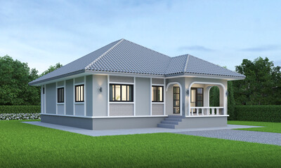 contemporary house exterior day light with lawn grass.3d rendering