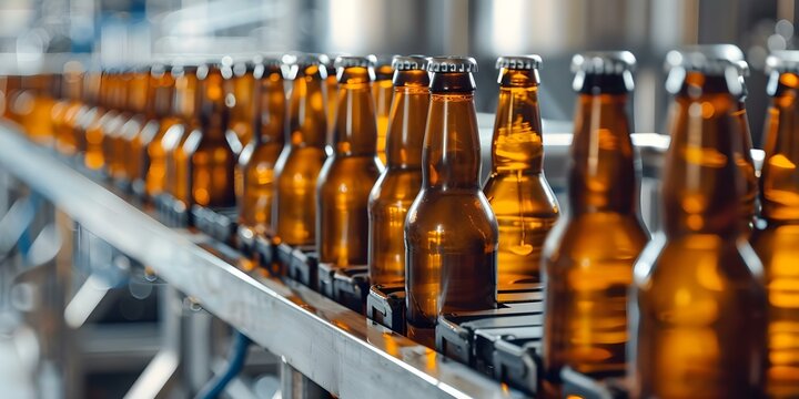 Streamlining the production of dark glass beer bottles on a brewery assembly line. Concept Glass Processing, Brewery Manufacturing, Assembly Line Optimization, Dark Bottle Production