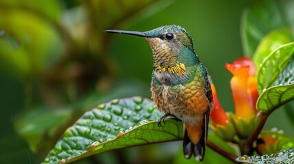 Fototapeta premium Close-Up Shot of a Vibrant Hummingbird Perched on a Leaf in a Natural Setting