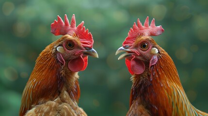 Fototapeta premium Two Vibrant Red Hens in an Intense Standoff Against a Scenic Green Background