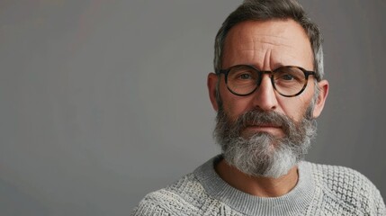 Fototapeta premium Old man with graying beard and glasses, staring at camera