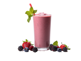 a glass of pink smoothie with straw and berries