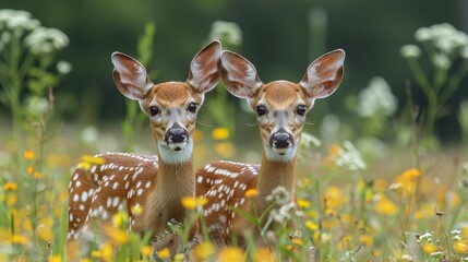 Fototapeta premium White-Tailed Deer Fawns in a Colorful Wildflower Meadow on a Summer Day