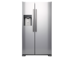 a silver refrigerator with a water dispenser