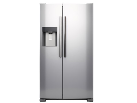 a silver refrigerator with a water dispenser
