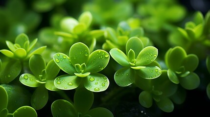 Green plants with water droplets glistening on their leaves, showcasing nature's beauty and freshness.

