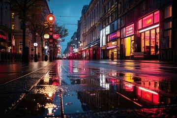 Obraz premium Rainy Evening Reflections on City Street