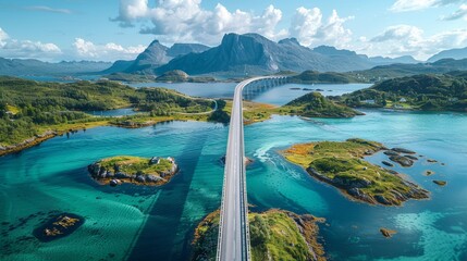 Aerial View of Saltstraumen Bridge in Norway with Stunning Landscape and Clear Waters