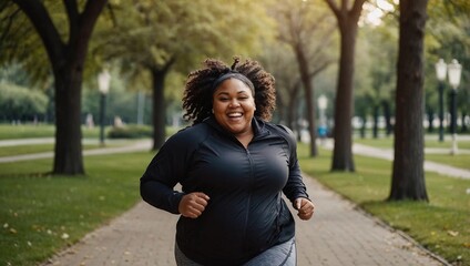 Happy plus size black woman jogging outdoors in a park to lose weight