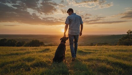 Man with dog going outdoor at sunset