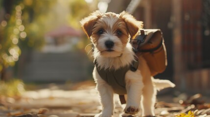 A small dog wearing a backpack is walking down a sidewalk