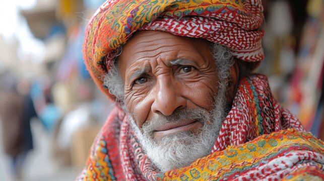 Portrait of an Elderly Man in Traditional Clothes in a Vibrant Marketplace