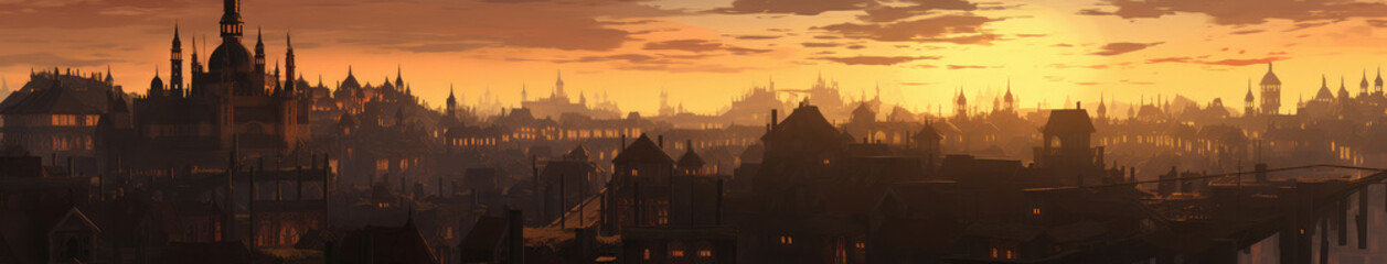 Fototapeta premium Golden Sunset Silhouette Over Historic Cityscape