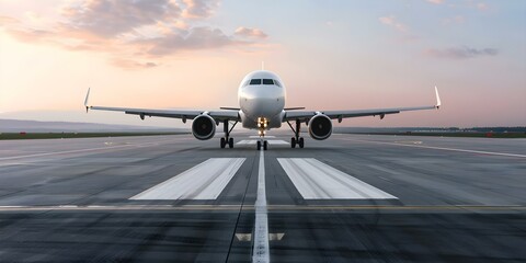 White aircraft taking off from airport runway at sunset front view. Concept Sunset Photography, Aircraft, Airport Runway, Aviation, Travel