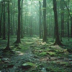Fototapeta premium Tranquil Aokigahara Forest with Sunlight Filtering Through Trees and Lush Green Moss