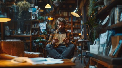 Fototapeta premium Bearded Man Reading Newspaper in Cozy Library Setting with Warm Lighting