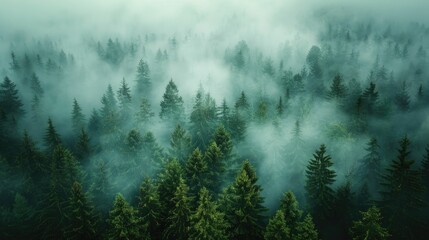 Forest enshrouded in morning mist, ethereal and quiet, inviting contemplative themes