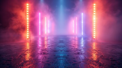 Neon Lights in Stadium Fog Creating Vibrant Atmosphere