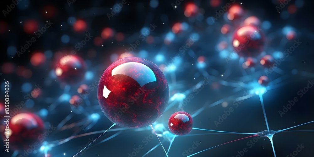 Poster 3d model showing electrons orbiting nucleus in red and blue spheres. concept 3d modeling, electron c
