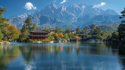 Fototapeta premium Scenic View of Black Dragon Pool with Lush Hills and Majestic Mountains in Background