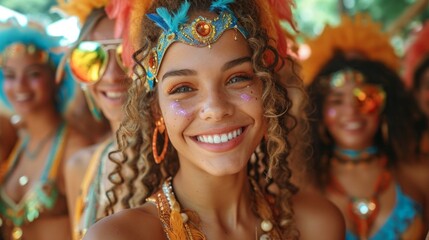 Obraz premium Joyful Friends Celebrating Brazilian Carnival in Colorful Costumes and Face Paint