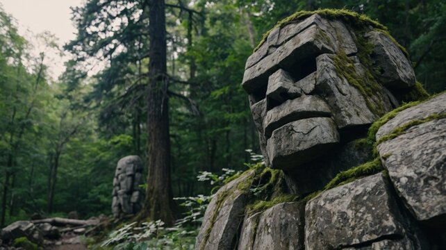 Giant stone golem among ancient stone ruins in a forest, fantasy concept.