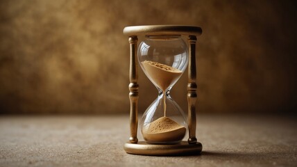 Golden hourglass, time concept, beige background.
