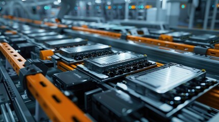 Naklejka premium EV Battery Production Factory. Close-up of Lithium-ion High-voltage Battery Components for Electric Vehicle or Hybrid Car. Battery Module for Automotive Industry Production Line.