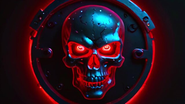 A skull with glowing red eyes and a metal plate with rivets behind it. The skull's mouth is open and it has a menacing expression.